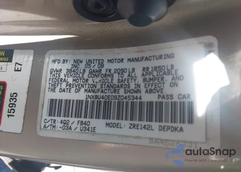 2009 Toyota Corolla Le z USA, uszkodzony, nr VIN 1NXBU40E09Z045344